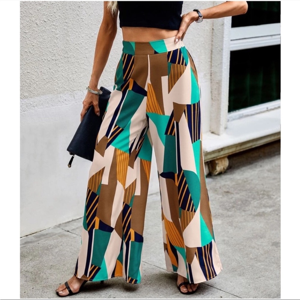 🔥BLACK FRIDAY🔥 Boho High Waist Print Pocket Wide Leg Palazzo Pants L - Picture 4 of 5